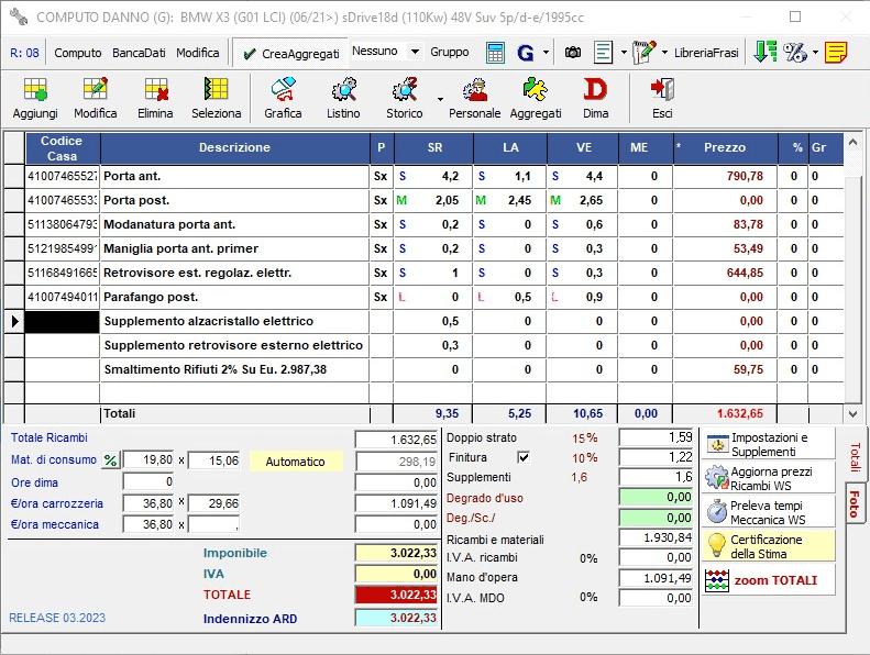 dettagli del modulo di quantificazione della perizia auto