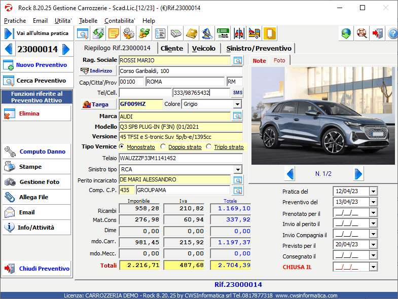 la maschera principale del software gestionale per la carrozzeria